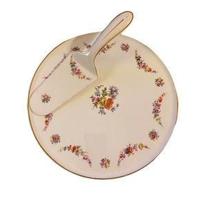 Vintage E & R Germany Erphila Floral Cake Plate with Matching Server Gold Trim